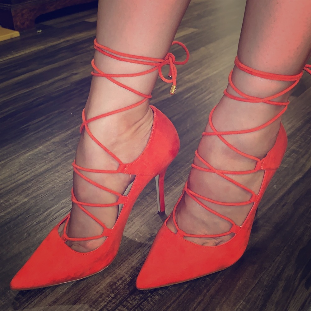 ALDO lace up stiletto heels in a bright coral.